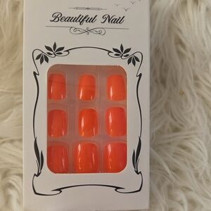 Beautiful Nails Bright Neon Solid Orange Medium Length Oval Style False Nails
